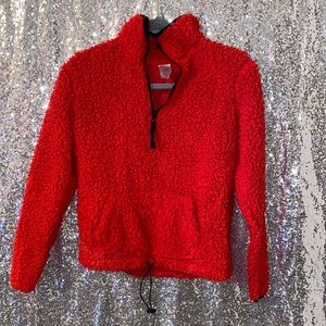 Red Sherpa Drawstring Zip Front Sweater